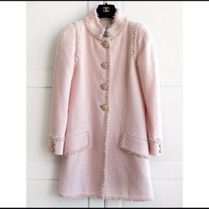 Chanel style Versailles Pink Camellia Long Tweed Braided Jacket Coat